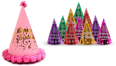 Vmd 1 Fancy PINK Cap with 10 SHINY COLOURFULL Cap for Birthday Girl and Kids(Multicolor, PINK NET, Pack of 11)