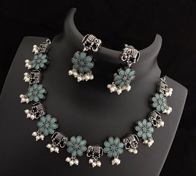 PBM CREATIONS Oxidised Silver Green Jewellery Set(Pack of 1)