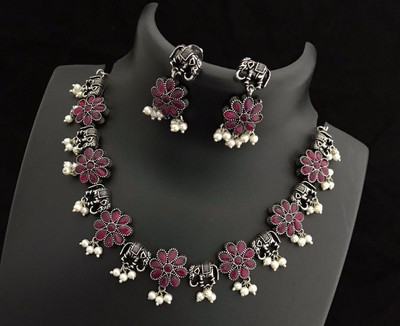 PBM CREATIONS Oxidised Silver Pink Jewellery Set(Pack of 1)