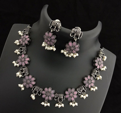 PBM CREATIONS Oxidised Silver Pink, Silver, White Jewellery Set(Pack of 1)