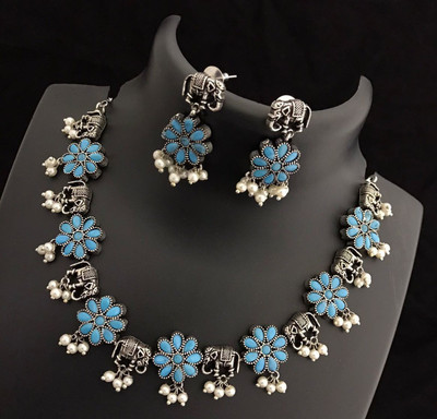 PBM CREATIONS Oxidised Silver Blue, Silver Jewellery Set(Pack of 1)