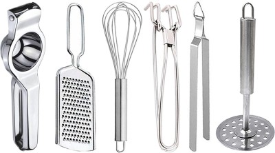 JISUN Steel Lemon Squeezer & Grater & Whisk & Pakkad & Chimta & Potato Masher Kitchen Tool Set(Silver, Grater, Juicer, Whisk, Tong, Tong, Masher)