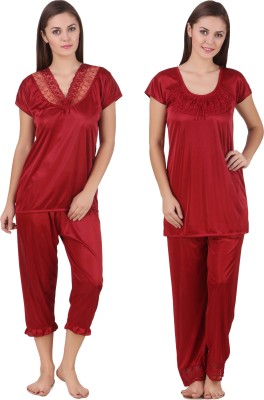 YUALIN CREATION Women Solid Maroon Night Suit Set