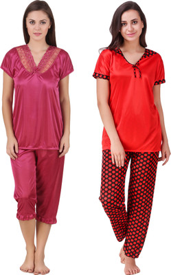 YUALIN CREATION Women Solid Red Night Suit Set