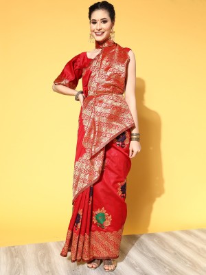 Ratnavati Floral Print Banarasi Silk Blend Saree(Red)