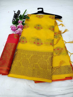 AARAANA Self Design, Woven Banarasi Pure Silk, Cotton Silk Saree(Yellow)