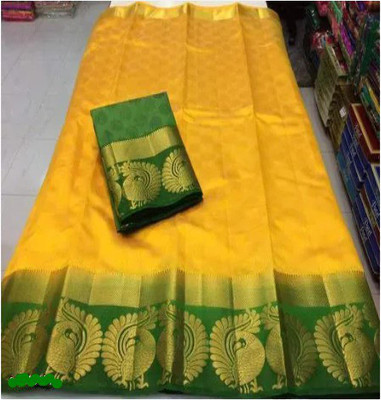 Pavari Printed Kanjivaram Silk Blend Saree(Yellow)