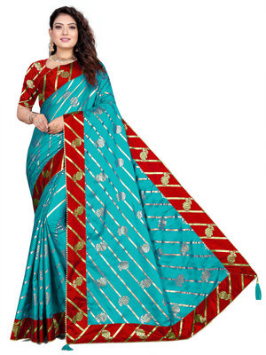GRIFEZ Floral Print Bollywood Dupion Silk Saree(Light Blue)