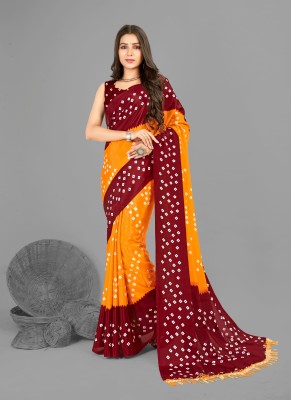 Henzila Printed, Geometric Print, Embellished Bandhani Silk Blend Saree(Maroon, Yellow)