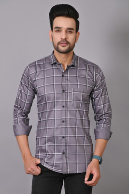 THE TINGE Men Checkered Casual Grey Shirt