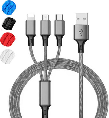BOPUD Nylon Braided 3In1 Fast Charging Data Cable Multiple Pin Type- C Charging Cable Charging Pad