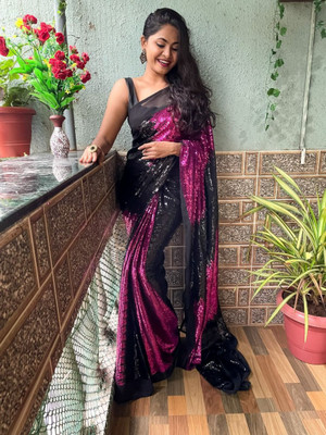 DDRS Fashion Embroidered Bollywood Georgette Saree(Purple, Black)