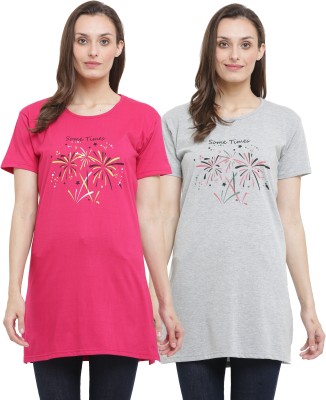 RRAVAYKI Printed Women Round Neck Pink, Grey T-Shirt