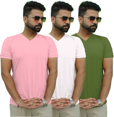 Mr Lier Solid Men V Neck White, Green, Pink T-Shirt