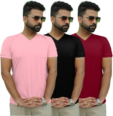 Mr Lier Solid Men V Neck Maroon, Pink, Black T-Shirt