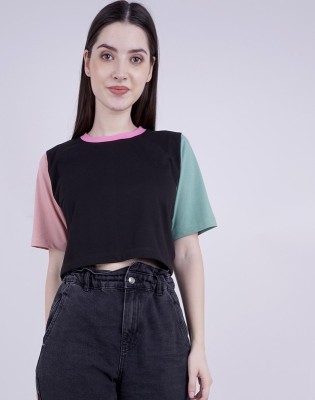 Flyio Casual Color Block Women Black Top