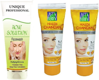 UNIQUE PROFESSIONAL ACNE SOLUTION FACE WASH 100 ML + HALDI CHANDAN TURMERIC CREAM 50 GR PACK OF 2(3 Items in the set) UNIQUE PROFESSIONAL ACNE SOLUTION FACE WASH 100 ML + HALDI CHANDAN TURMERIC CREAM 50 GR PACK OF 2(3 Items in the set)
