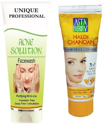 UNIQUE PROFESSIONAL ACNE SOLUTION FACE WASH 100 ML + HALDI CHANDAN TURMERIC CREAM 50 GR PACK OF 1(2 Items in the set) UNIQUE PROFESSIONAL ACNE SOLUTION FACE WASH 100 ML + HALDI CHANDAN TURMERIC CREAM 50 GR PACK OF 1(2 Items in the set)