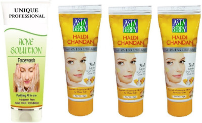 UNIQUE PROFESSIONAL ACNE SOLUTION FACE WASH 100 ML + HALDI CHANDAN TURMERIC CREAM 50 GR PACK OF 3(4 Items in the set)