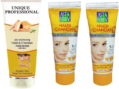 UNIQUE PROFESSIONAL HALDI CHANDAN FACE WASH 100 ML + HALDI CHANDAN TURMERIC CREAM 50 GR PACK OF 2(3 Items in the set)