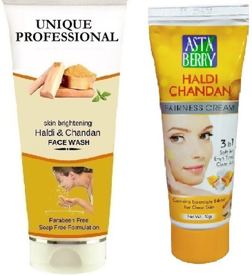 UNIQUE PROFESSIONAL HALDI CHANDAN FACE WASH 100 ML + HALDI CHANDAN TURMERIC CREAM 50 GR PACK OF 1(2 Items in the set)