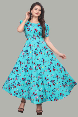 ZOPDI Women Fit and Flare Multicolor Maxi/Full Length Dress