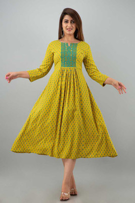 Lucky Enterprises Women Printed A-line Kurta(Yellow)
