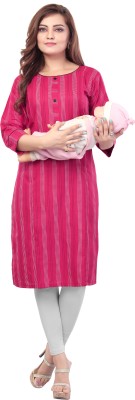 B2Fashion Women Striped Straight Kurta(Pink)