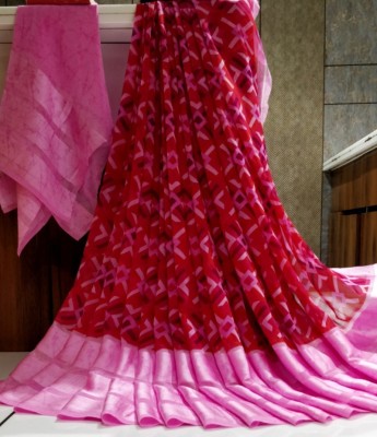 Hensi sarees shop Printed Jamdani Chiffon, Satin Saree(Pack of 2, Red, Pink)