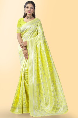 Het fashion Woven Kanjivaram Jacquard, Pure Silk Saree(Yellow)