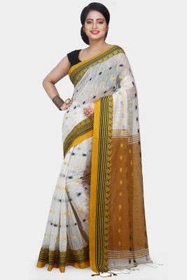Mystory Woven Handloom Cotton Blend Saree(White, Yellow)