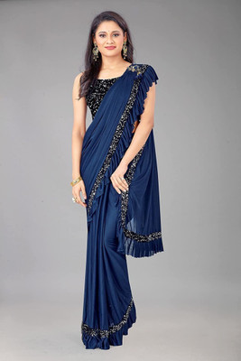 chaya Solid/Plain Bollywood Lycra Blend Saree(Dark Blue)