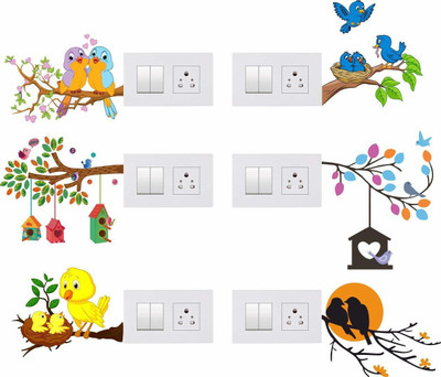 VCREATE DECOR 30 cm Colorful Birds Switch Board Size-( 30 cm x 30 cm) Removable Sticker(Pack of 1)