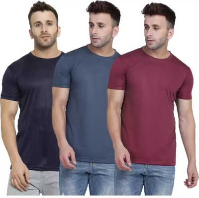 COUNTRY YARD Solid Men Round Neck Maroon, Grey, Navy Blue T-Shirt