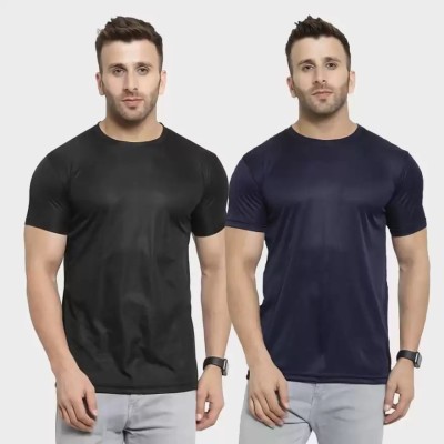 COUNTRY YARD Solid Men Round Neck Black, Navy Blue T-Shirt