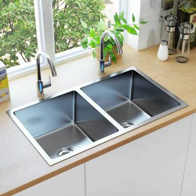 MIGSA SOUNDPROOF HANDMADE KITCHEN SINK DOUBLE BOWL CHROME MATT FINISH(45' X 20" X 10") Vessel Sink