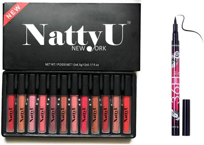 NattyU Beauty Waterproof Matte Set Of 12 Lipsticks - Long Lasting - 12 Different Shades - 5 ML Each With HD Eyeliner pencil(Combo)(2 Items in the set)