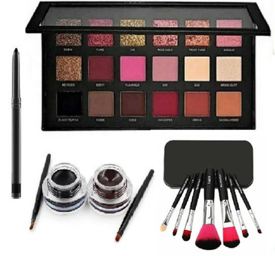 klaty Kajal & Black & Brown Gel Eyeliner & Rose Gold Eyeshadow Palette with 7 set of brushes (11 Items in the set)(11 Items in the set)