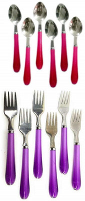 VACULACE 6 Fork & 6 Spoons with Plastic Handle for Dining Table (Set of 12) Stainless Steel, Plastic Cutlery Set(Pack of 12)