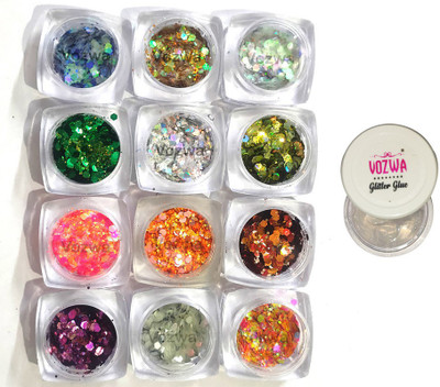 VOZWA 12 Color Chunky Eye Shadow Glitter Sparkle with Glitter Glue 33 g(Multicolor)