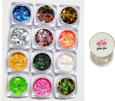 VOZWA 12 Multicolor Chunky Eye Shadow Glitter Sparkle with Glitter Glue 33 g(Multicolor)