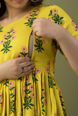 HYTEN Women Printed Gown Kurta(Yellow, Dark Green, Pink)