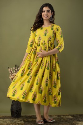 Mialo fashion Women Floral Print Flared Kurta(Yellow)