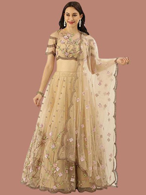 NEw BHARAT SALES Embroidered Semi Stitched Lehenga Choli(Beige)