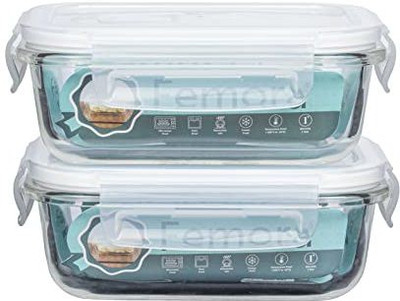 Femora Borosilicate Glass Microwave Safe Rectangle Food Storage Container with Air Vent Lid, 400 ml, Set of 2 2 Containers Lunch Box(400 ml)