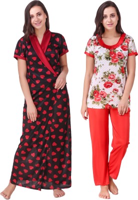 KEOTI Women Nighty with Robe(Red, Black)