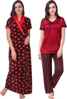 YUALIN CREATION Women Nighty with Robe(Maroon)