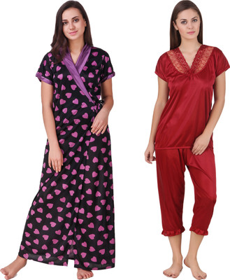 KEOTI Women Nighty with Robe(Purple, Black)