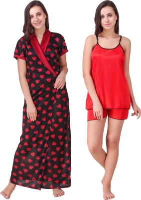 YUALIN CREATION Women Nighty with Robe(Red)