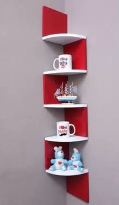 woodinzo Wooden Zigzag Corner Wall Mount Shelf Unit for Home MDF (Medium Density Fiber), Wooden Wall Shelf(Number of Shelves - 5, Red, White)